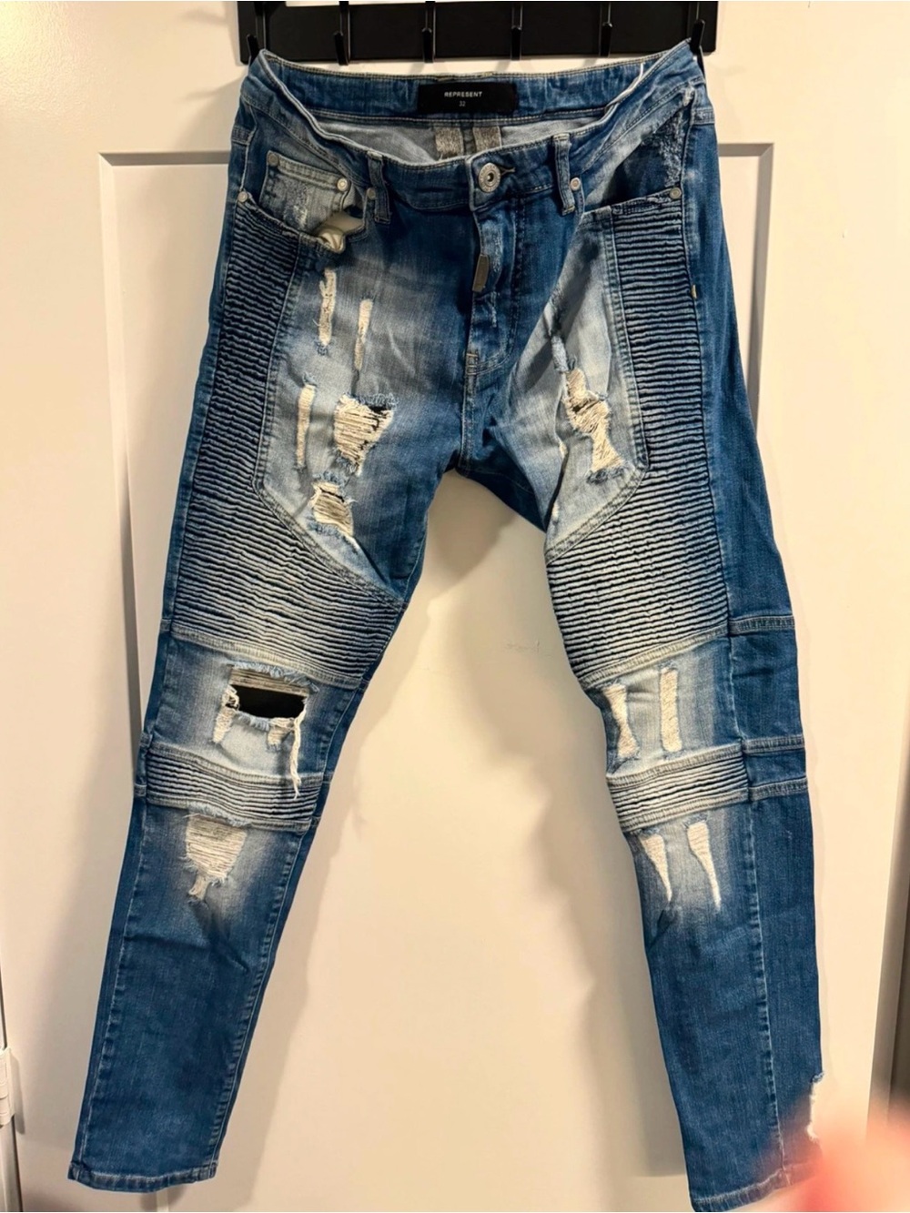 Represent Men's Skinny Distressed Moto Jeans - Blue
